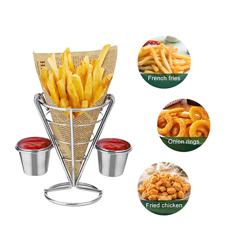 2Pcs French Fries Stand Cone Basket Fry Holder with Sauce Dippers