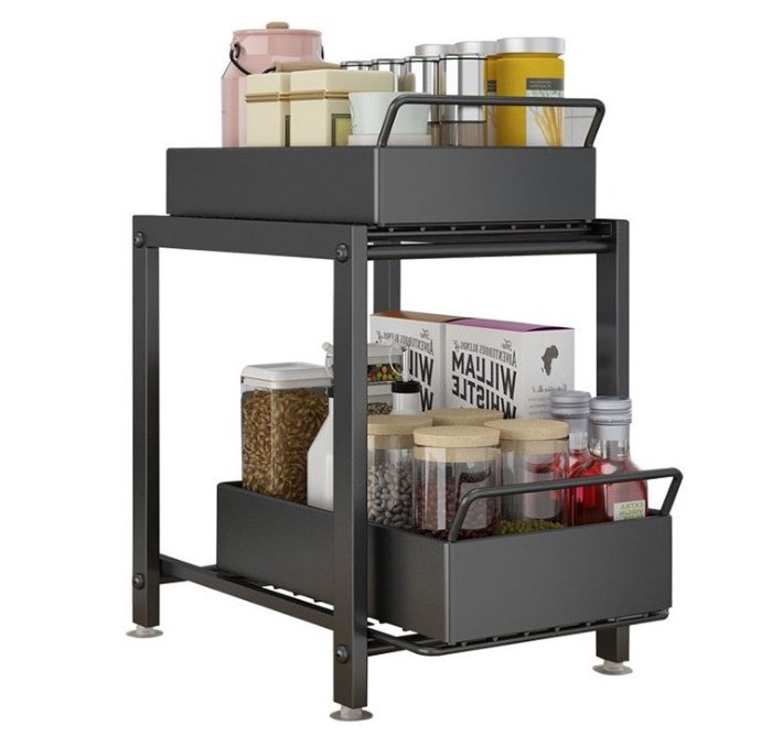 Modern Metal 2 Tier Retractable Spice Rack Large Capacity Kitchen Storage Shelf Organizer for Cabinet and Pantry