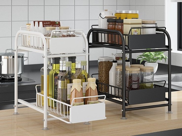 Modern Metal 2 Tier Retractable Spice Rack Large Capacity Kitchen Storage Shelf Organizer for Cabinet and Pantry