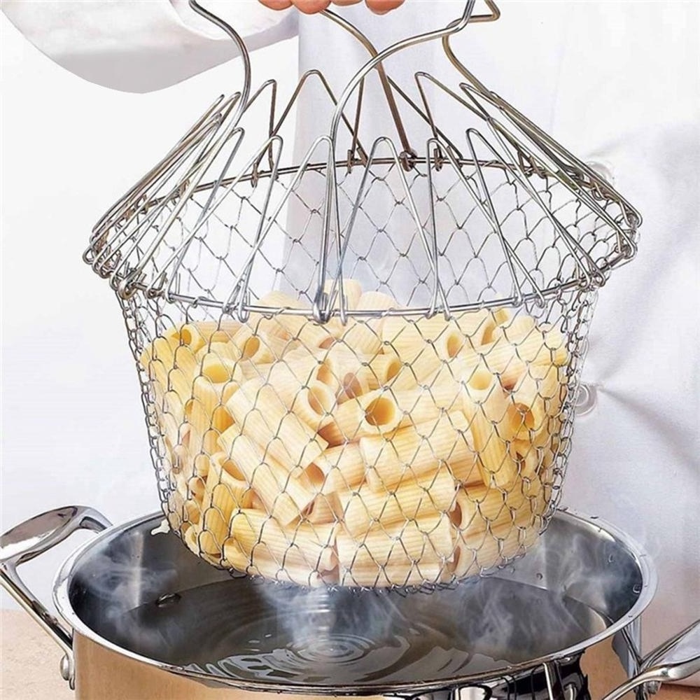 Fry Basket Extendable Foldable Round Wire Fry Basket Stainless Steel Deep Frying Basket