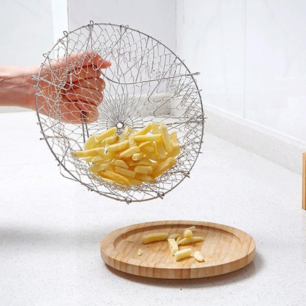 Fry Basket Extendable Foldable Round Wire Fry Basket Stainless Steel Deep Frying Basket