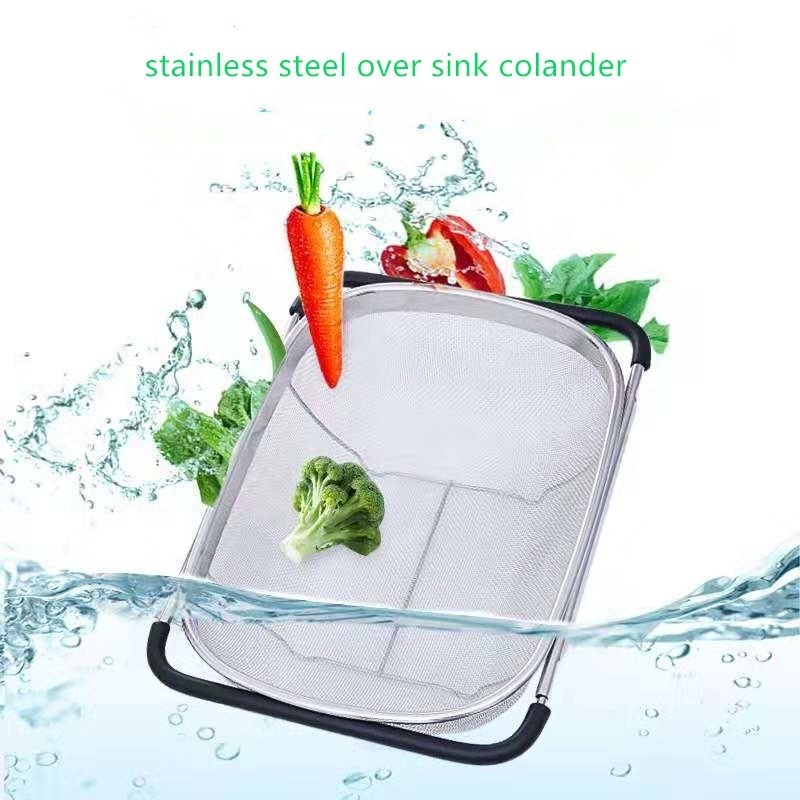 Stainless Steel Adjustable Rubber Handle Over The Sink Fine Mesh Fruit Vegetable Colander Basket