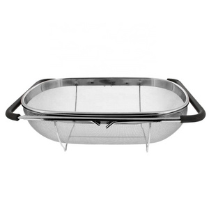 Stainless Steel Adjustable Rubber Handle Over The Sink Fine Mesh Fruit Vegetable Colander Basket