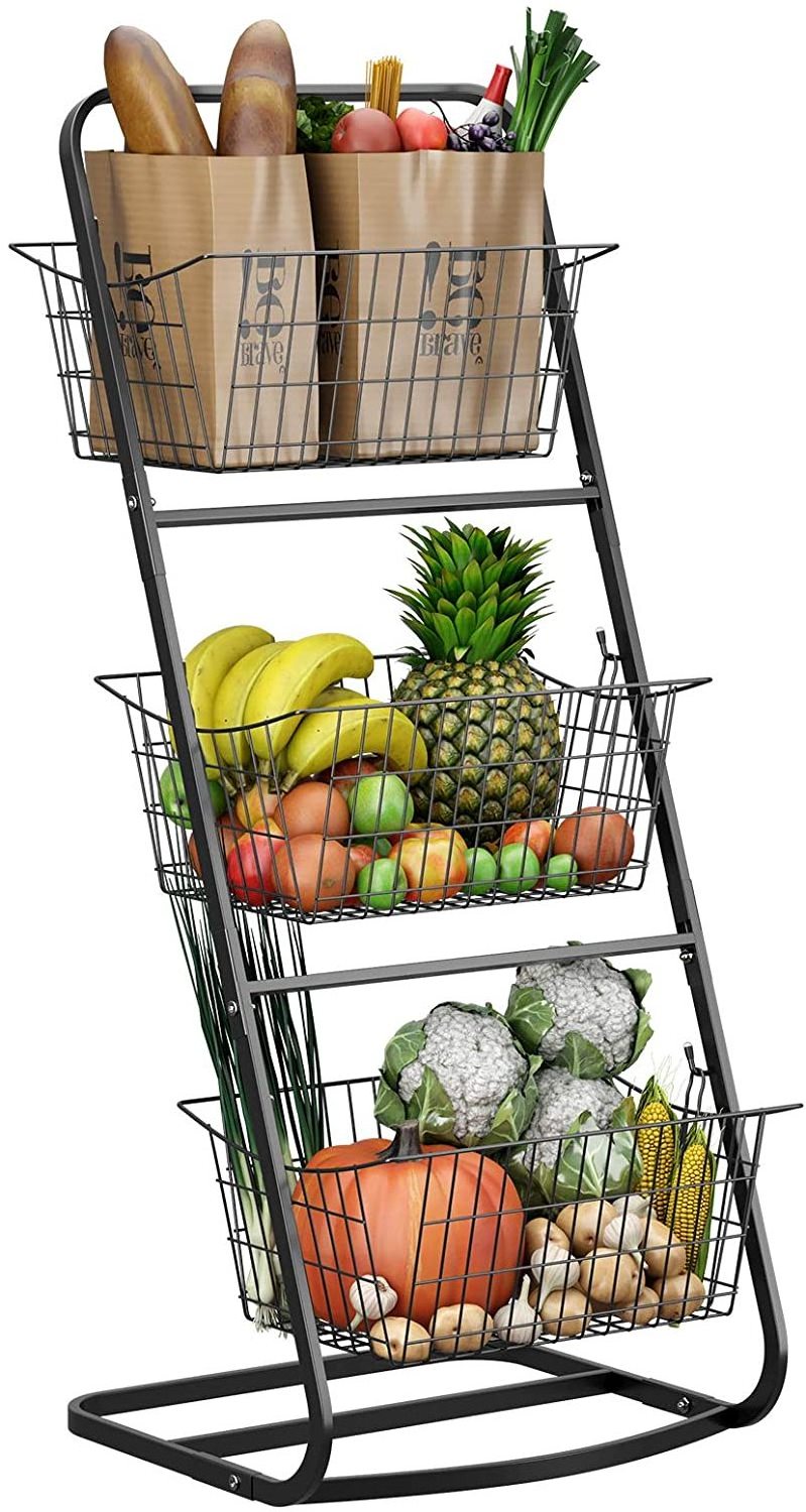 3 Tier market basket with 2 wire storage baskets basket fruit stand for kitchen pantry  shelf laundry  cabinets  garage