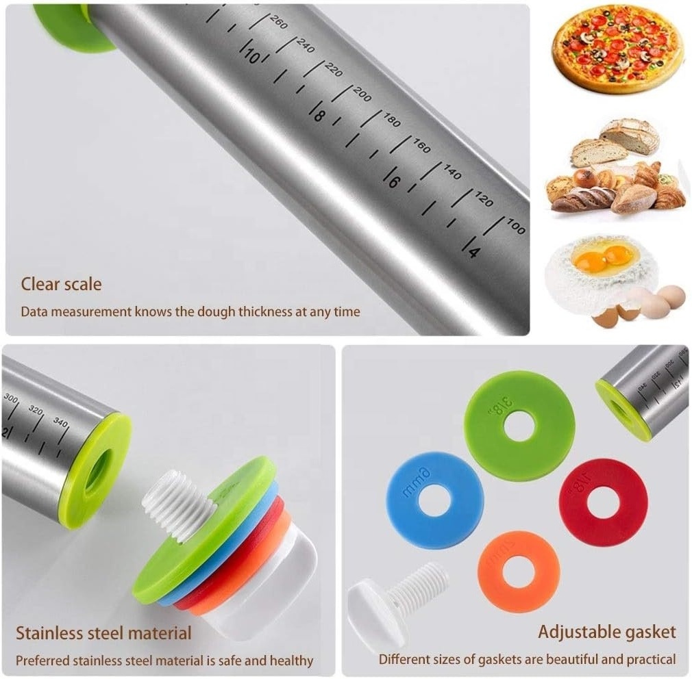 Stainless Steel Rolling Pin with Adjustable Thickness Rings