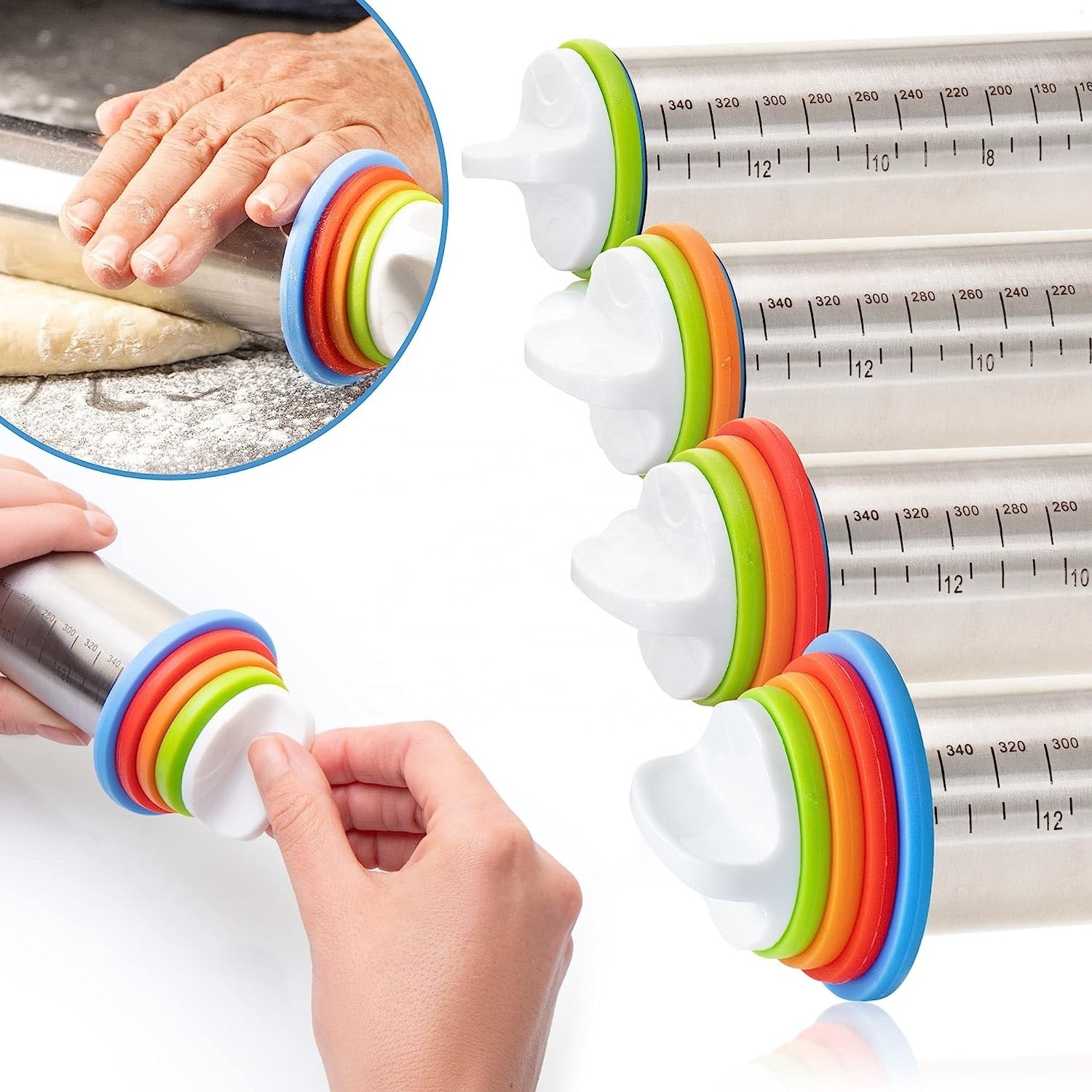 Stainless Steel Rolling Pin with Adjustable Thickness Rings