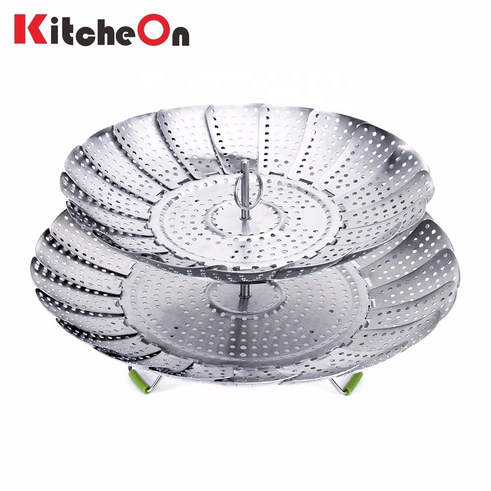 Collapsible 2 Tier Stainless Steel Vegetable Steamer Basket with Foldable Feet