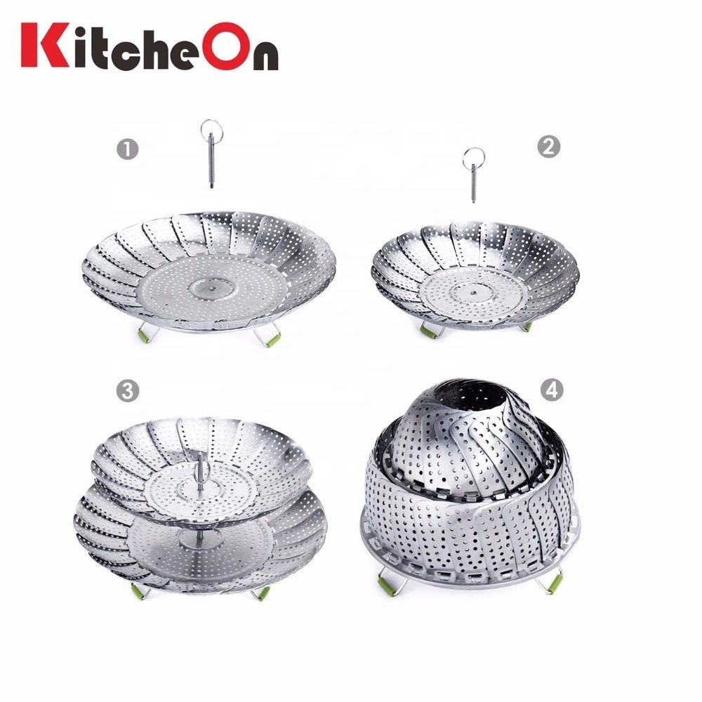 Collapsible 2 Tier Stainless Steel Vegetable Steamer Basket with Foldable Feet