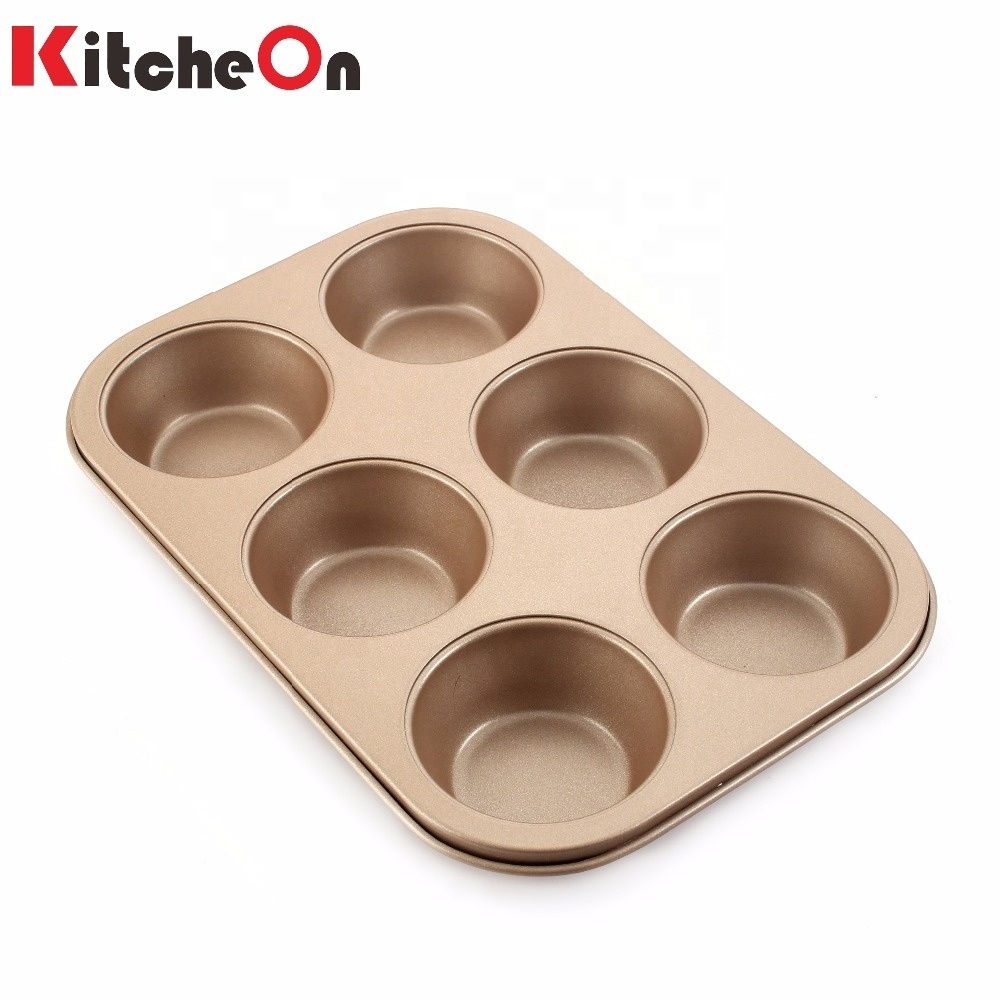 Hot Sale Champagne 6 Cup Carbon Steel Nonstick Muffin Tray