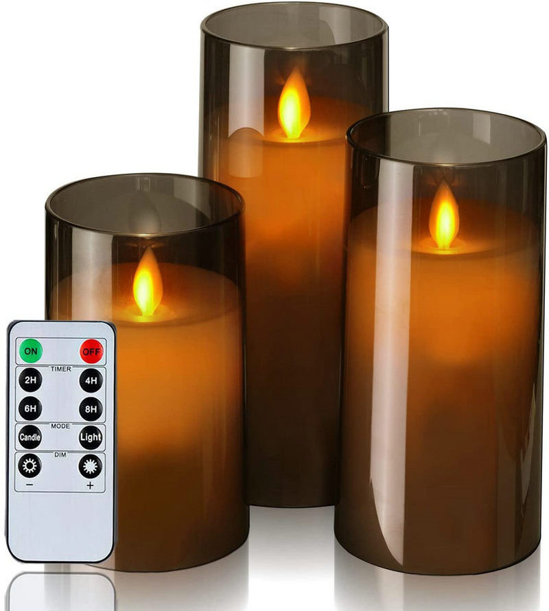 Set of 3 Acrylic Glass Candle Shell Plastic Flameless Led Candles With Moving Wick for party home decoration