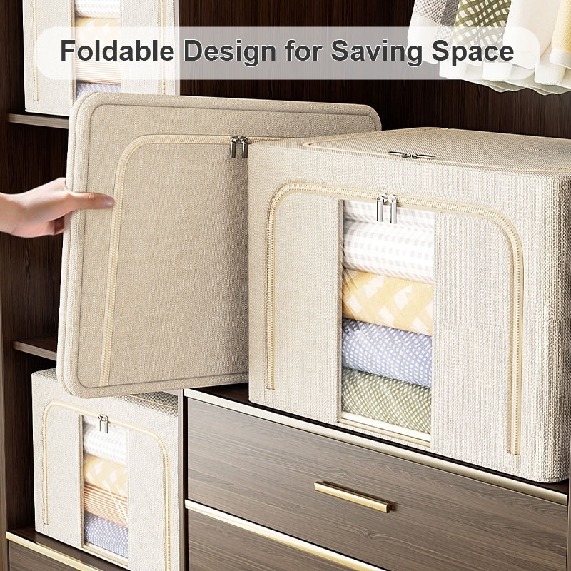 Large Clothes Shoes Storage Bins Foldable Metal Frame Drawer Storage Box Stackable Linen Fabric Box Organizer Set with Handles