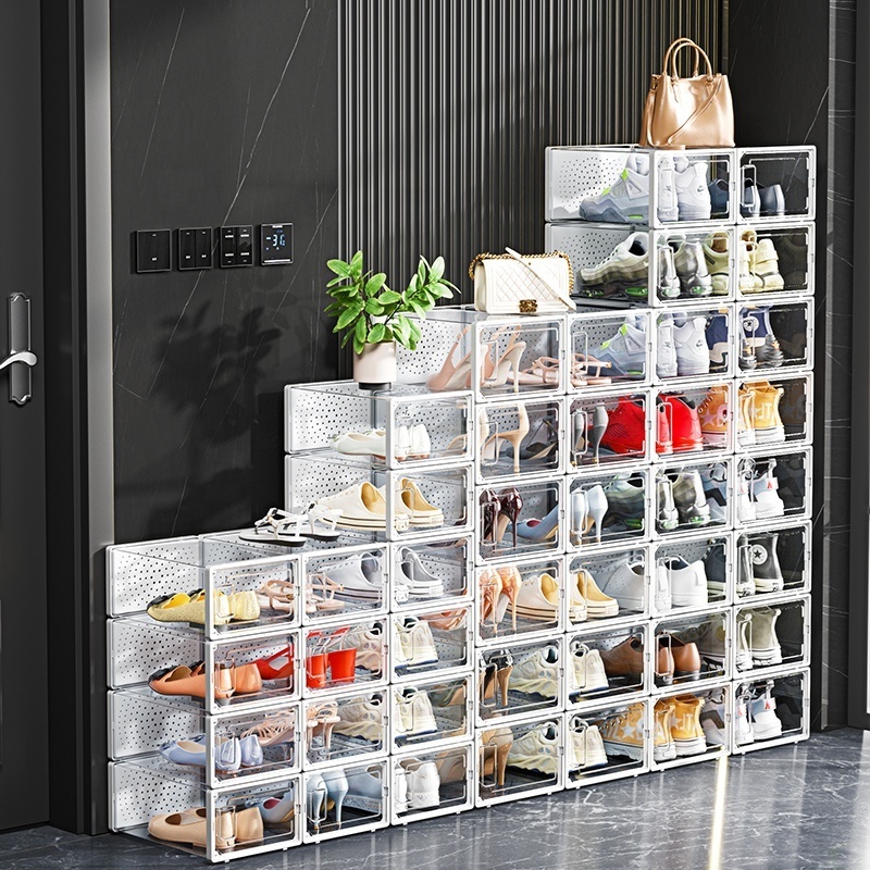 Modern Clear Stackable Shoe Storage Box Foldable Racks Cabinet Plastic Sneaker Box For Shoes Transparent  Display Shoe Case