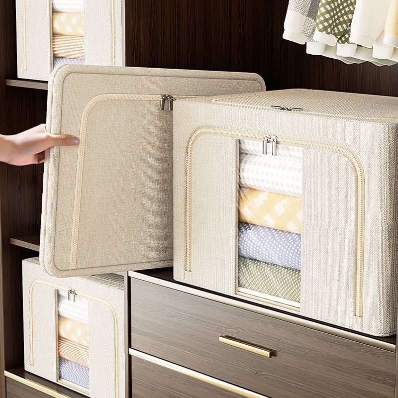 Large Clothes Shoes Storage Bins Foldable Metal Frame Drawer Storage Box Stackable Linen Fabric Box Organizer Set with Handles