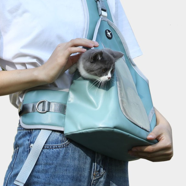 Sustainable Pet Sling Bag Carrier Breathable Mesh and PU Safe-Travel Slings with Snap Button Closure for Cats and Dogs