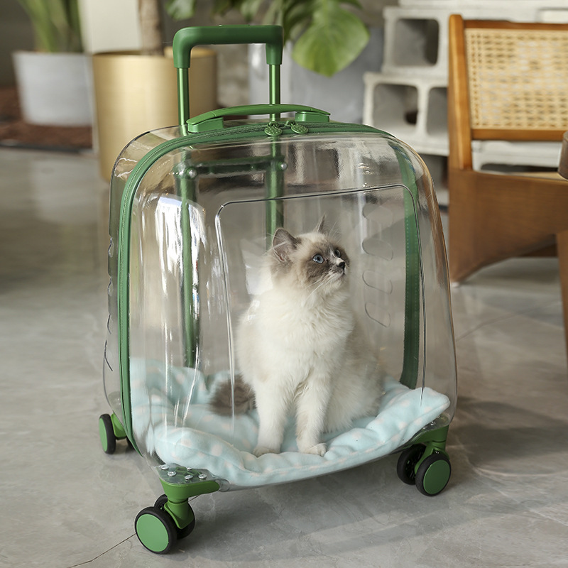 Pet Carrier with Wheels Breathable Transparent Cart for Cats and Dogs Travel