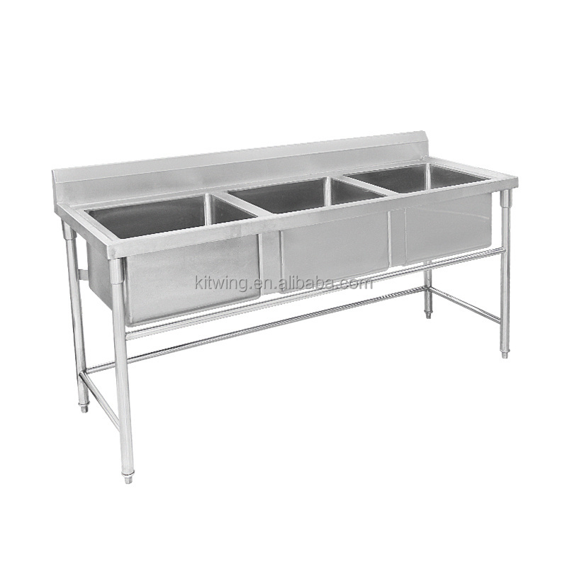 Factory Commercial Industrial Stainless Steel Three Hole Washing Sink For Kitchen Trough