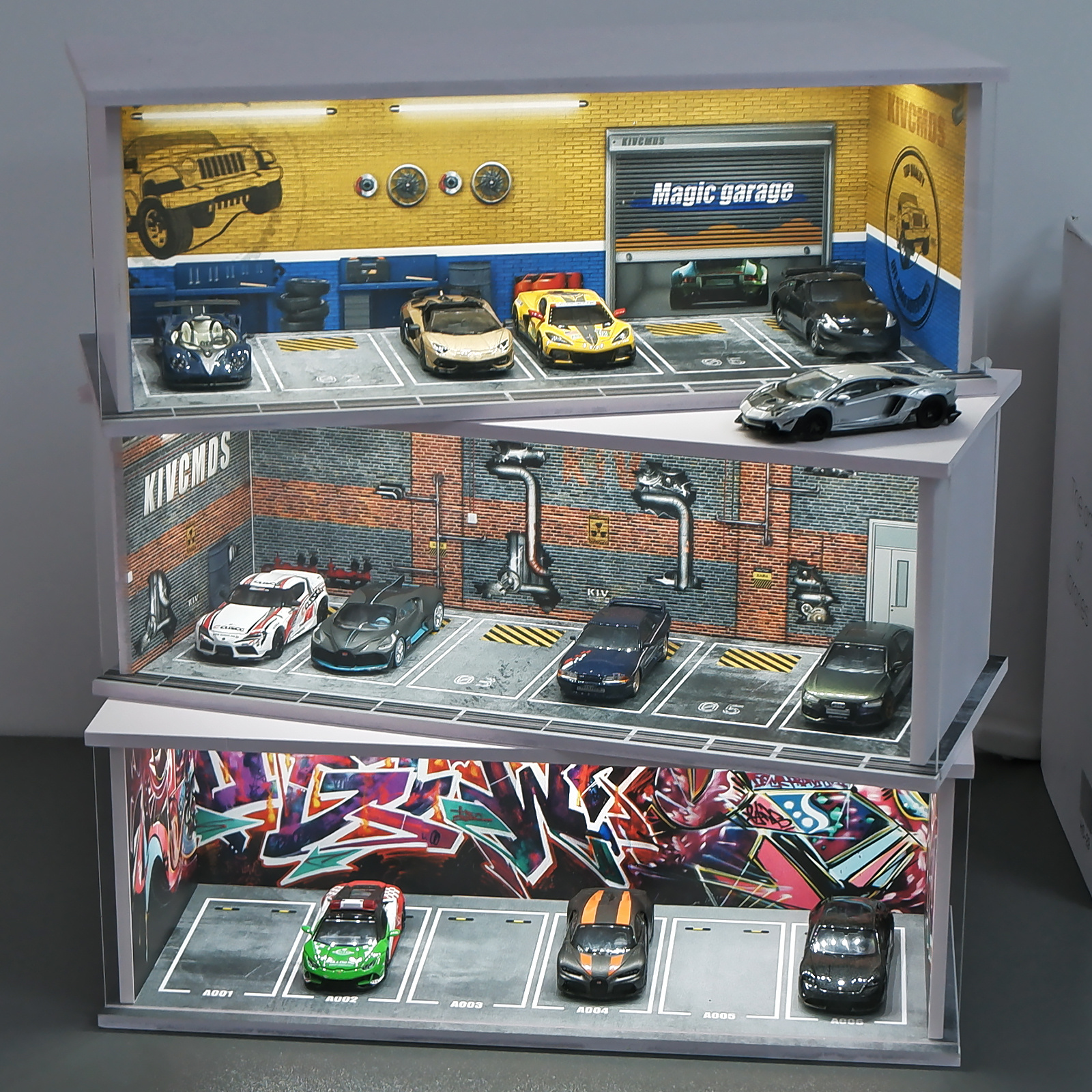 kivcmds 1:64 Car Model Display Case with Lights for Hot Wheels,Matchbox Cars-Graffiti Scenes Parking lot