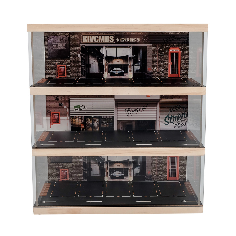 kivcmds 1:64 Scale 3-Tiers Auto Repair Store Scene Vehicle Display Stand for Alloy Car Model Toy with Parking Lot Scene