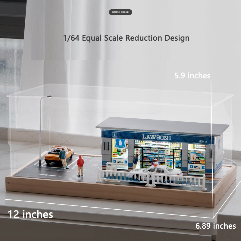 kivcmds 1:64 simulation convenience store street scene car model parking lot scene solid wood with light diecast display case