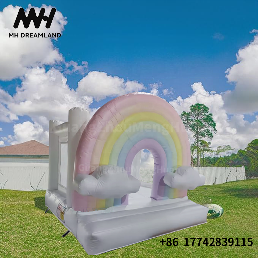 Colorful Inflatable Rainbow Bounce House with Cloud Blower Durable Easy to Set Up and Down for Birthday Party Wedding