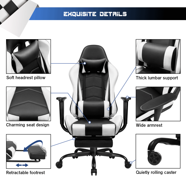 Wholesale White Racing Swivel Gaming Chair Pu Leather Gaming Chair With Footrest And Massage