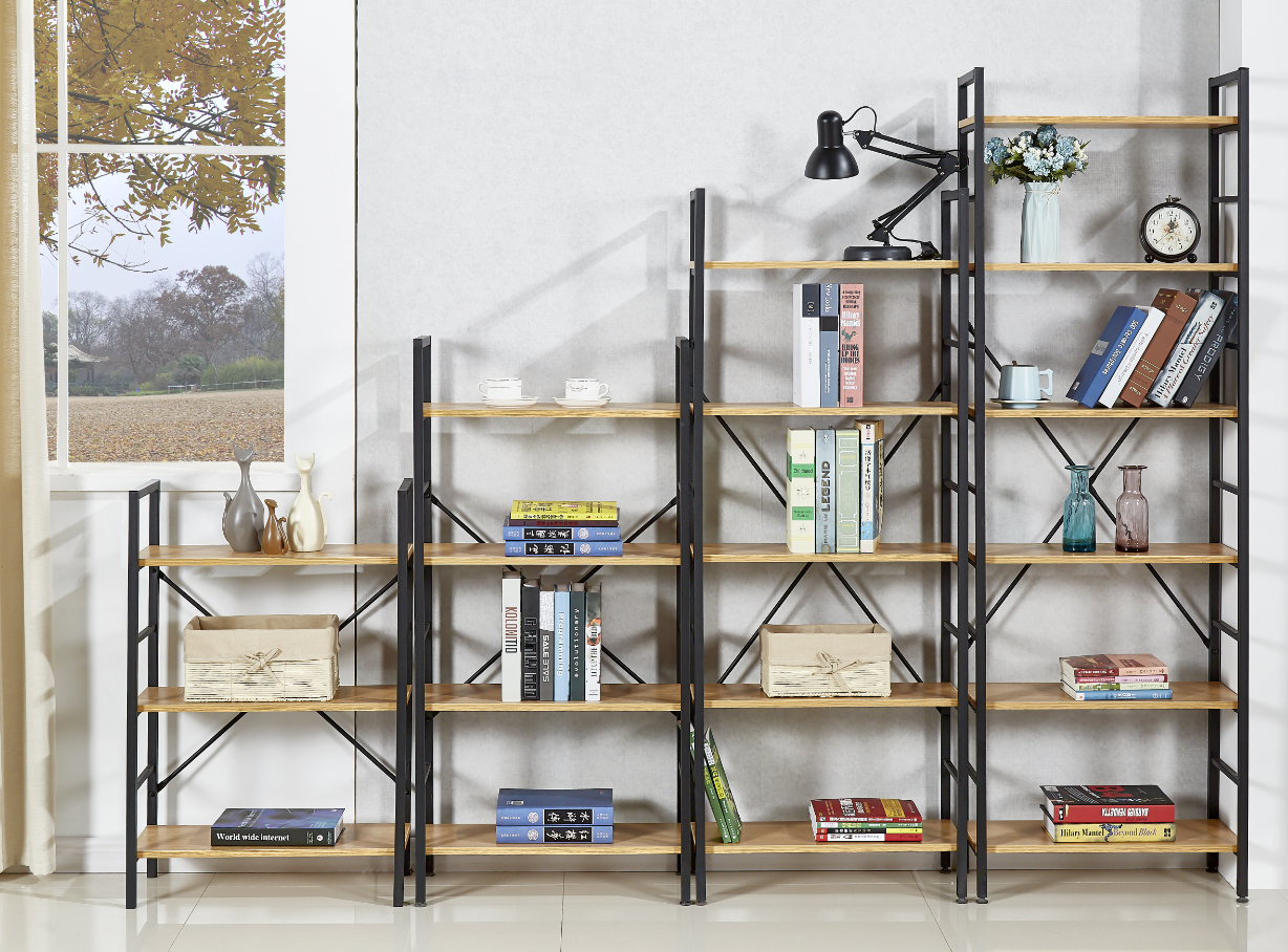 Living Room bookshelf 4 tier space saving triangle tube frame MDF toy storage shelf metal shelf