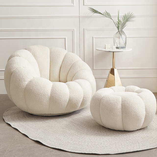 Boconcept Aesthetic Cream White Lazy Pumpkin Sofa Shaped Boucle Swivel Lounge Chair With Footstool