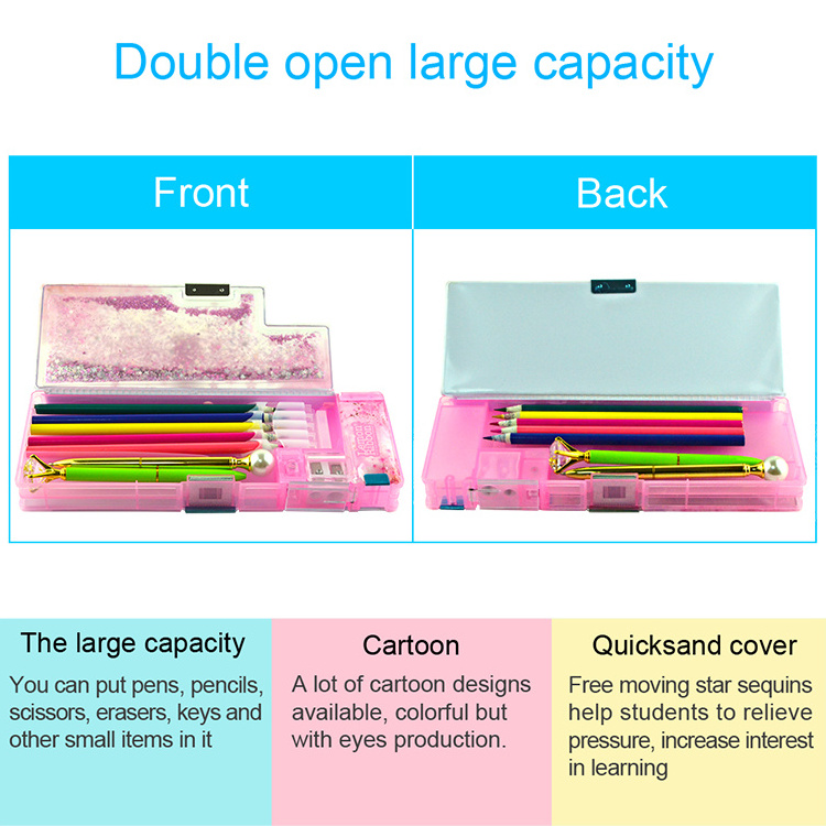 Cartoon Multifunctional lovely back to school Sequins quicksand plastic pencil case box with sharpener glliter for teenagers