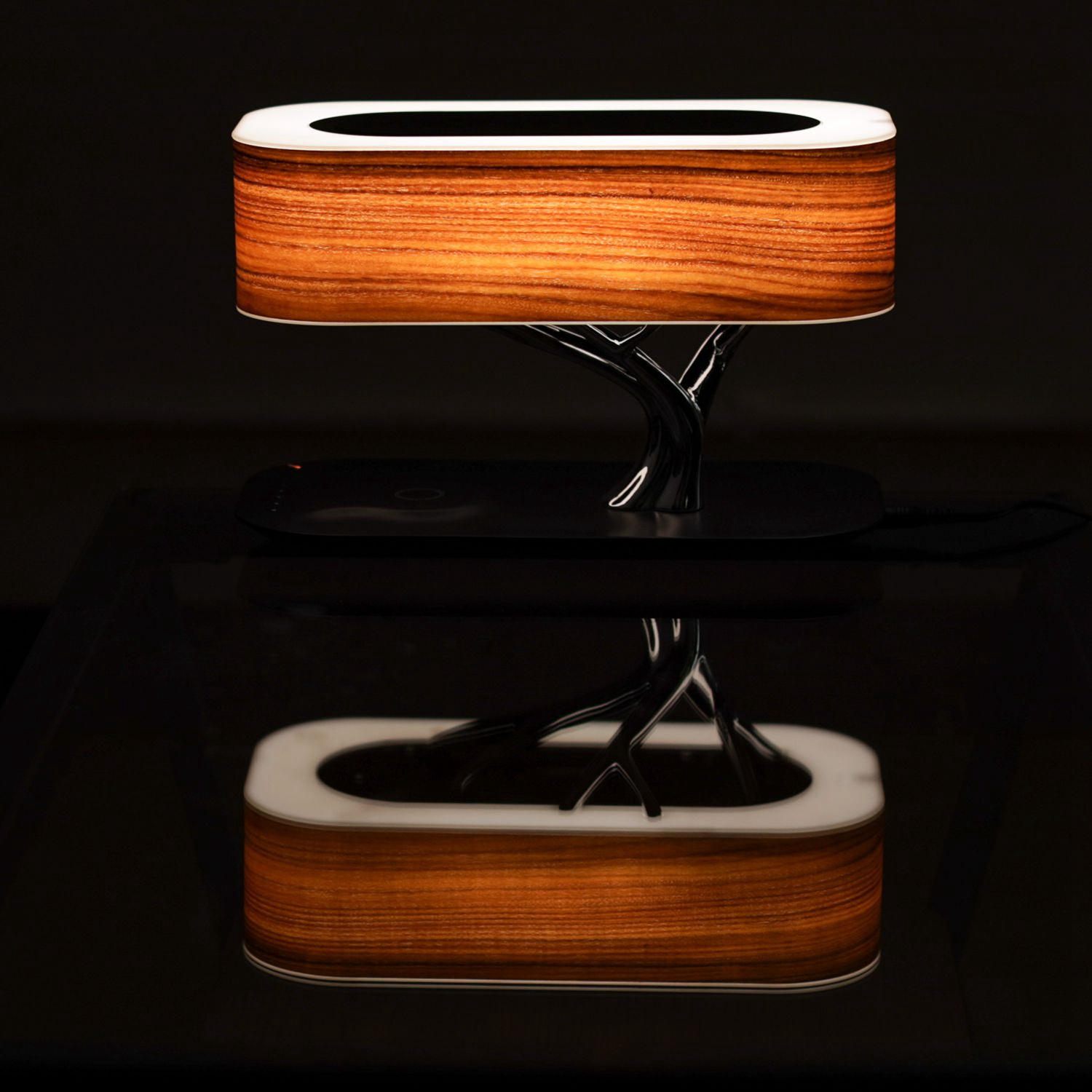 BT Speaker and Wireless Charger Desk Lamp Wood Luxury Led Table Lamp Stepless Dimming Tree Light