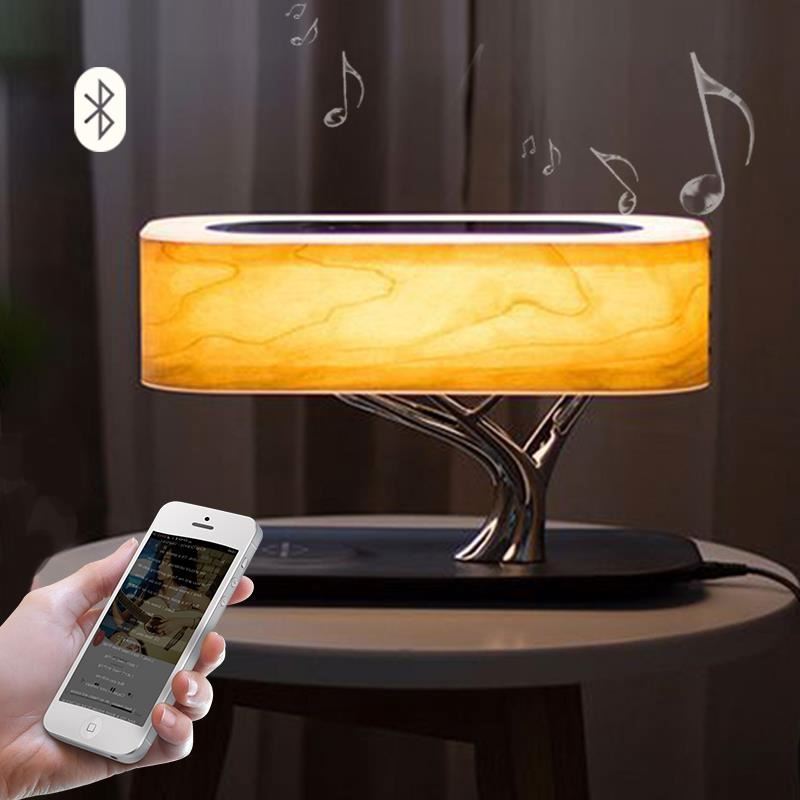 Multifunctional  Hometree Desk Lamp Wooden Bedroom Table Lamp With Speaker Wireless Charging Night Light