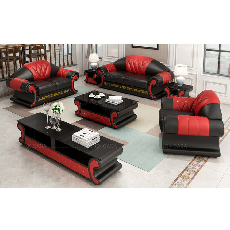 Factory cost leather sofa for living room black and red leather sofas set 123 sectional