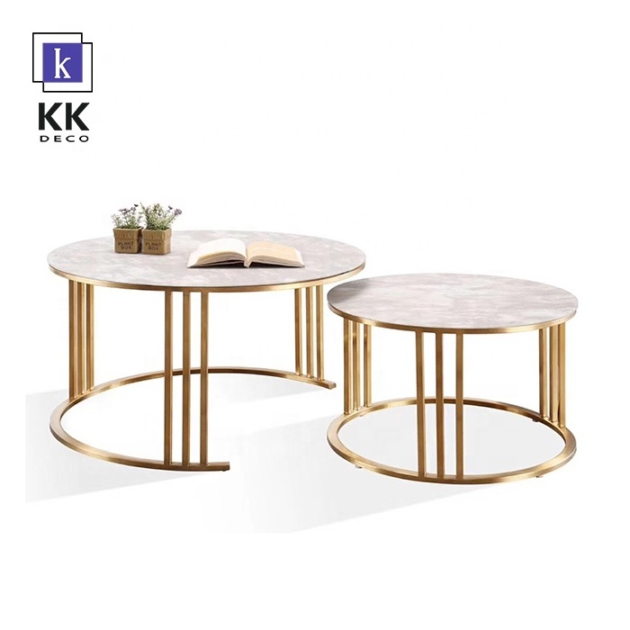 Minimalist hotel furniture marble diamond wire cafe round dining table stainless steel coffee table