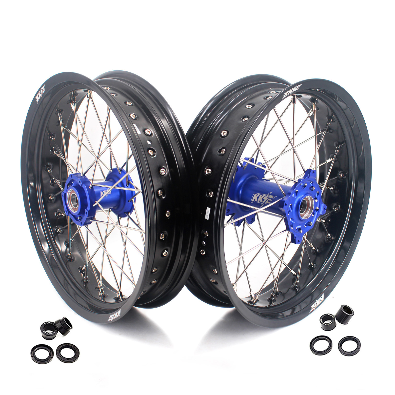 KKE Supermoto Spoked Wheels Rims Set fit TM 2015-2022 EN 125 MX 250 SMR FT 530 Blue Hub Black Rim