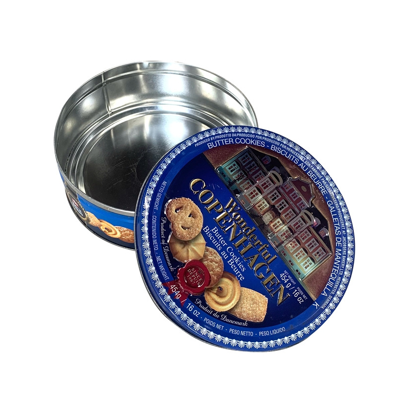 Food Grade Biscuit tin custom printed Round tin box with embossing logo for packing cookies chocolate and candy