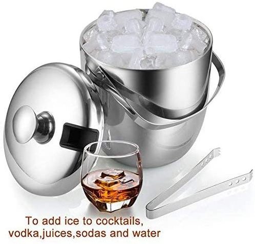 Double-Wall Stainless Steel Insulated Ice Bucket With Lid and Ice Tong For Chilling Beer, Champagne and Wine