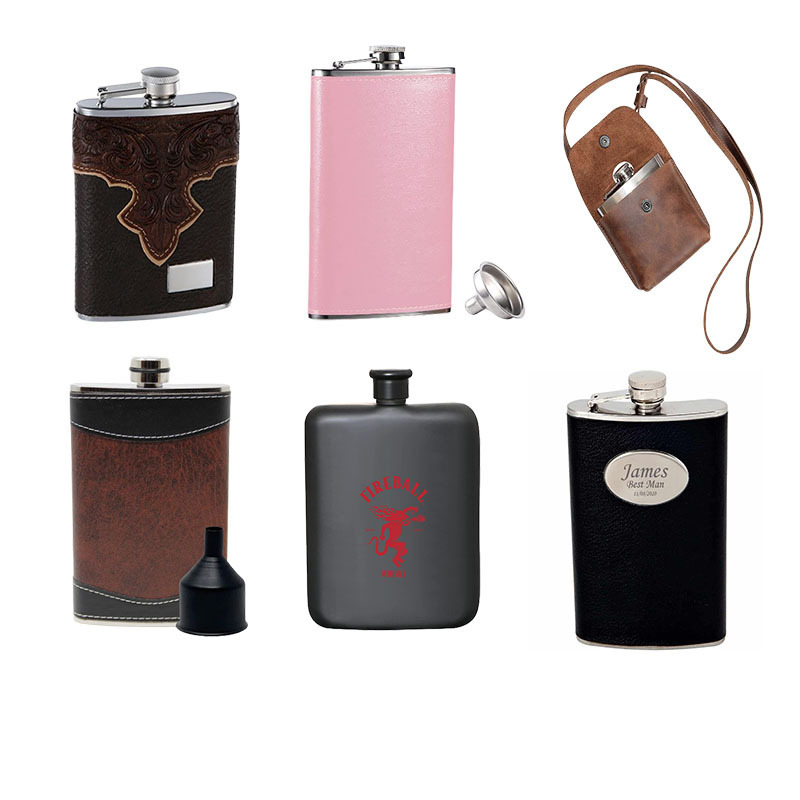 Custom Logo Different Capacity Male Alcohol Whisky Wine Pot Bottle Pocket Portable Stainless Steel 304 Leather Hip Flask