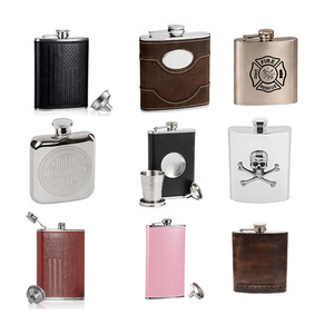 Custom Logo Different Capacity Male Alcohol Whisky Wine Pot Bottle Pocket Portable Stainless Steel 304 Leather Hip Flask