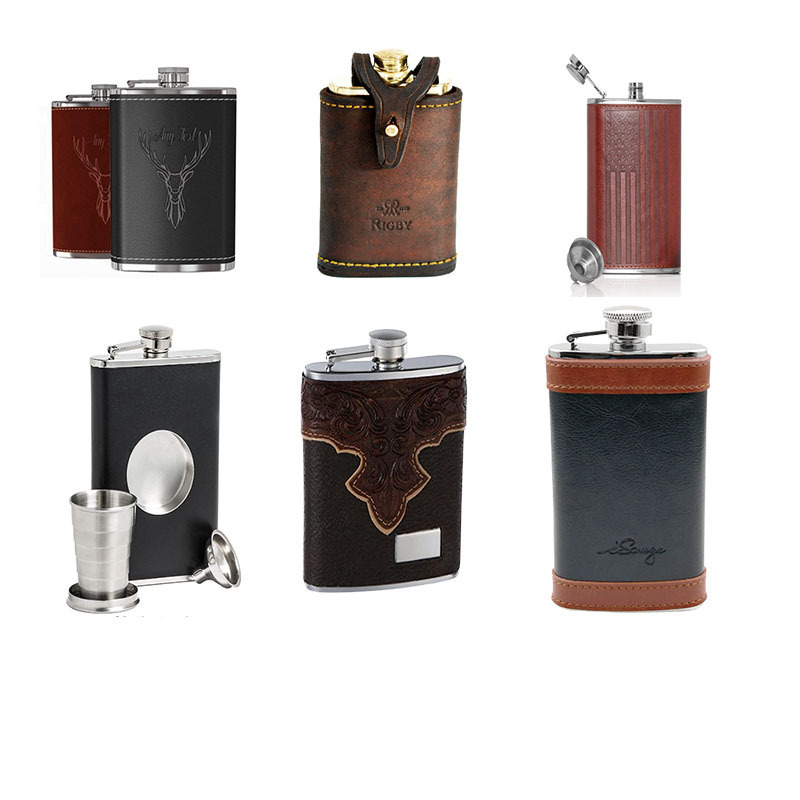 Custom Logo Different Capacity Male Alcohol Whisky Wine Pot Bottle Pocket Portable Stainless Steel 304 Leather Hip Flask