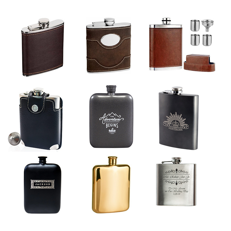 Custom Logo Different Capacity Male Alcohol Whisky Wine Pot Bottle Pocket Portable Stainless Steel 304 Leather Hip Flask