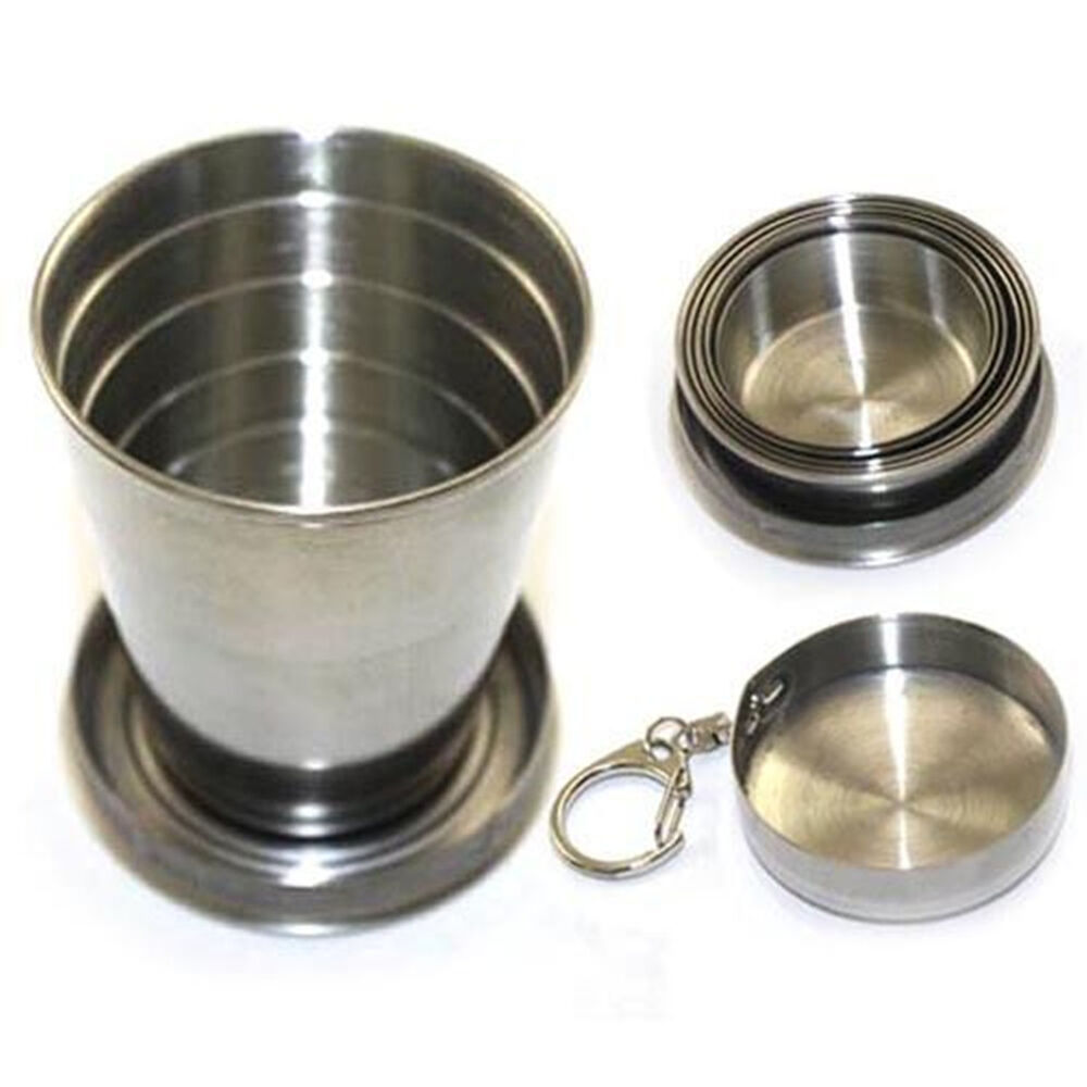 75ml foldable cups portable retractable stainless steel collapsible cup stainless steel metal camping cup with key chain