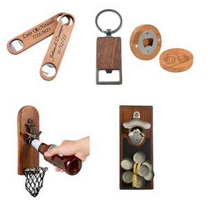 Wholesale Vintage Bamboo Refrigerator Magnets Beer Bottle Wall Hanging Opener Magnetic Bottle Wall Mounted Wooden bottle Openers