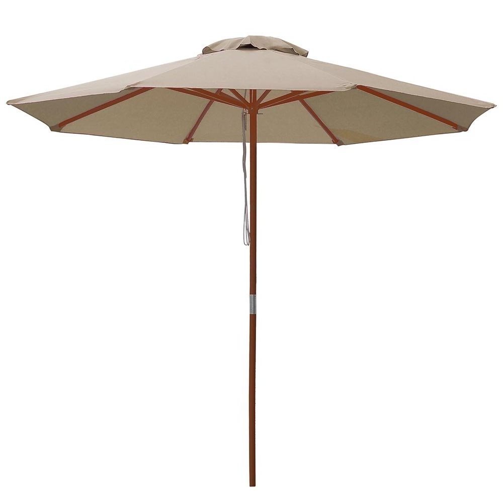 9ft Wooden Outdoor Patio Table Umbrella Pulley Market Garden Yard Beach Deck Cafe Decor Sunshade