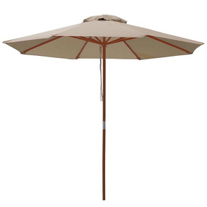 9ft Wooden Outdoor Patio Table Umbrella Pulley Market Garden Yard Beach Deck Cafe Decor Sunshade