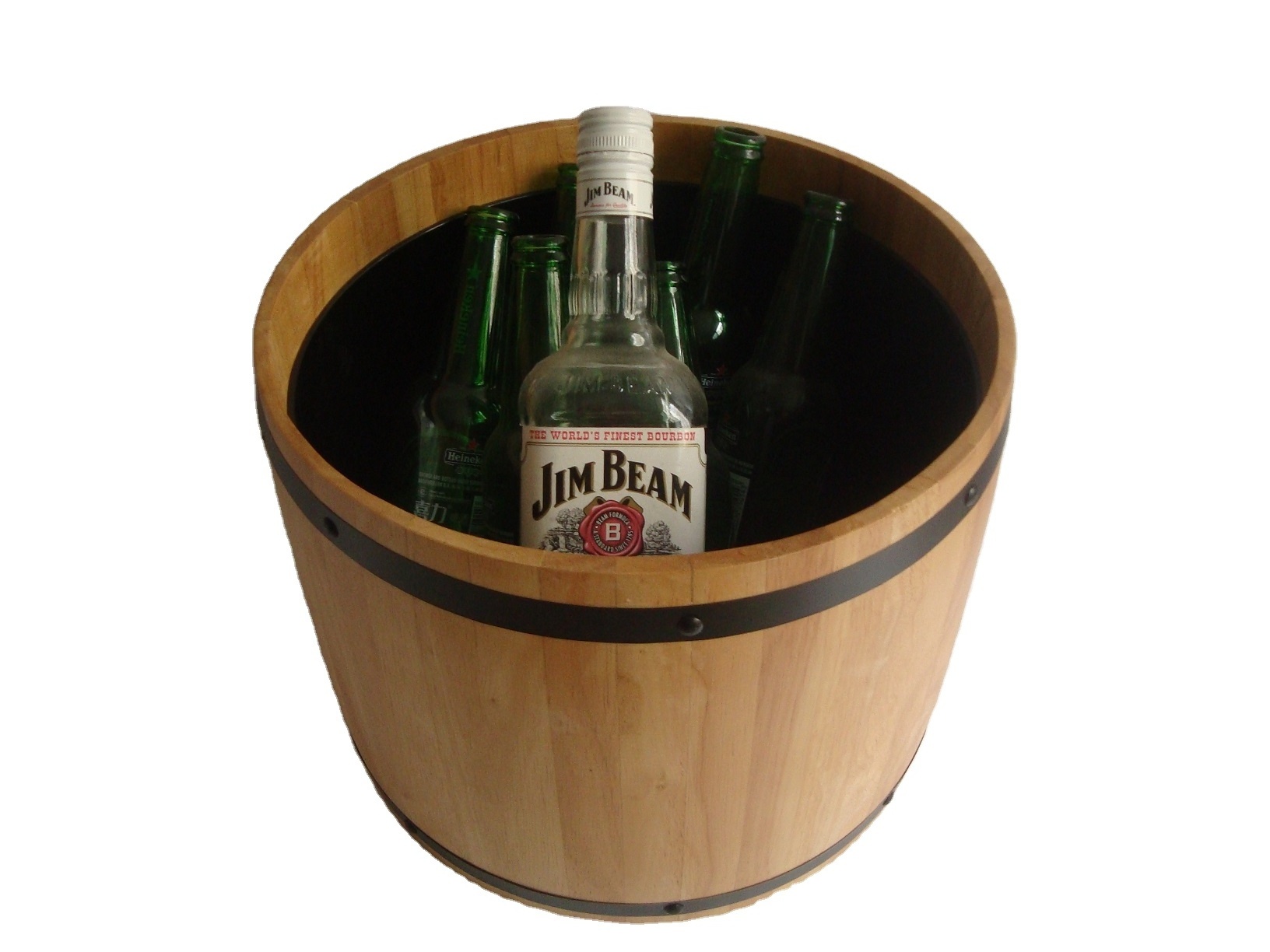 Barrel shape Wooden Ice Bucket With plastic inner bucket  olive wood ice bucket with lid