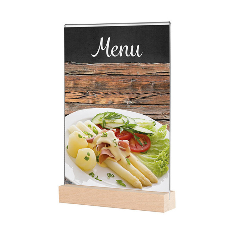 Acrylic Table Tent Frame Tabletop Photo Frame Menu Holder Display Stand With Wood Base Size A4 A5 A6