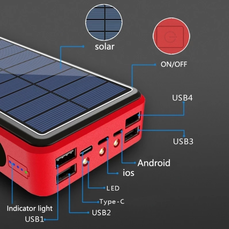 High Quality Wireless Solar Power Bank Portable Charger 4 USB With LED Light Outdoor Travel Fast Charging Suitable For All Phone