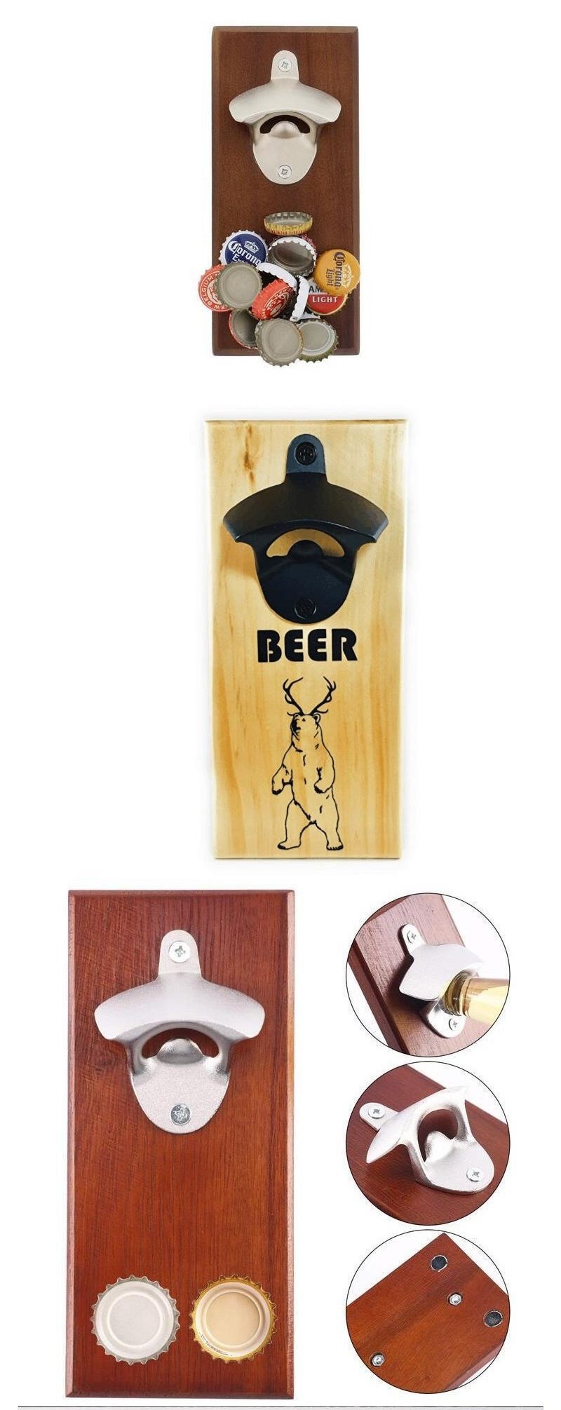 Customized wall mount beer wooden bottle opener with catcher for home bar party