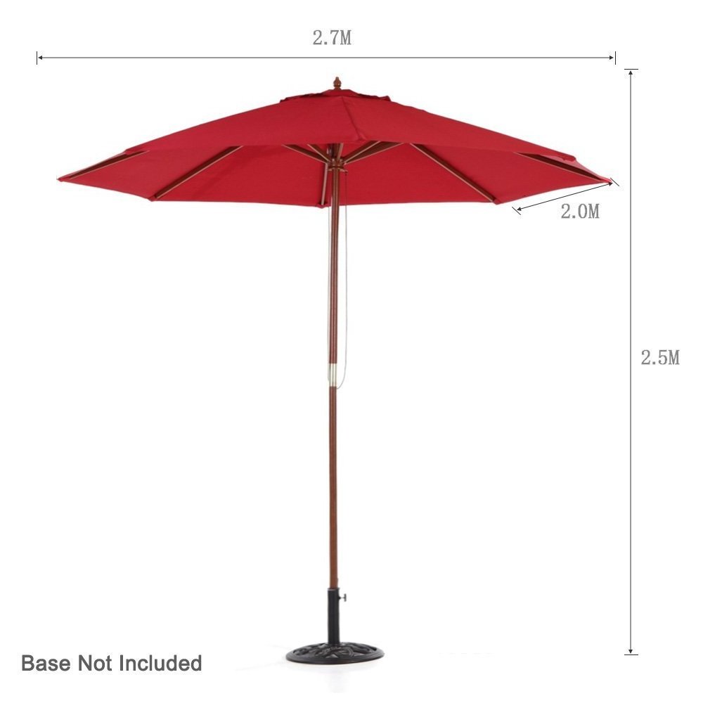 2.7M Wooden Patio Garden Umbrella Sun Shade Outdoor Cafe Beach Parasol Canopy 8 Ribs 38MM Pole W/ Air Vent 220g Polyester