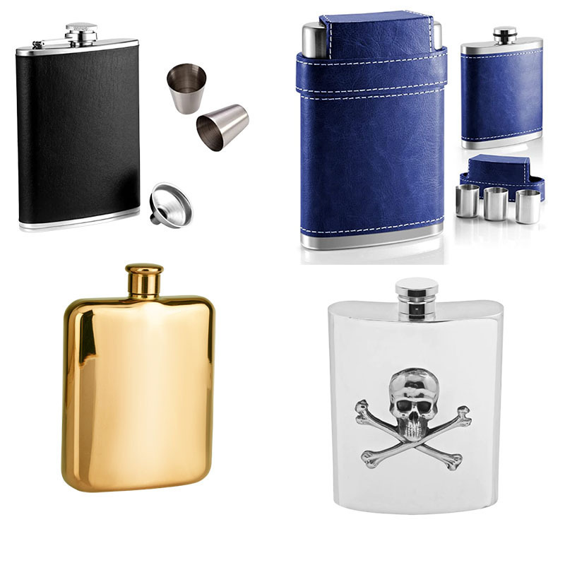 Liquor Flasks 4oz 5oz 6oz 7oz 8oz For Whiskey Stainless Steel 304 Hip Flask Black gold silver powder coat or leather hip flask