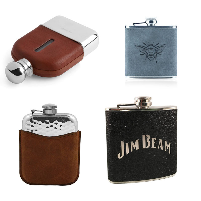 Liquor Flasks 4oz 5oz 6oz 7oz 8oz For Whiskey Stainless Steel 304 Hip Flask Black gold silver powder coat or leather hip flask